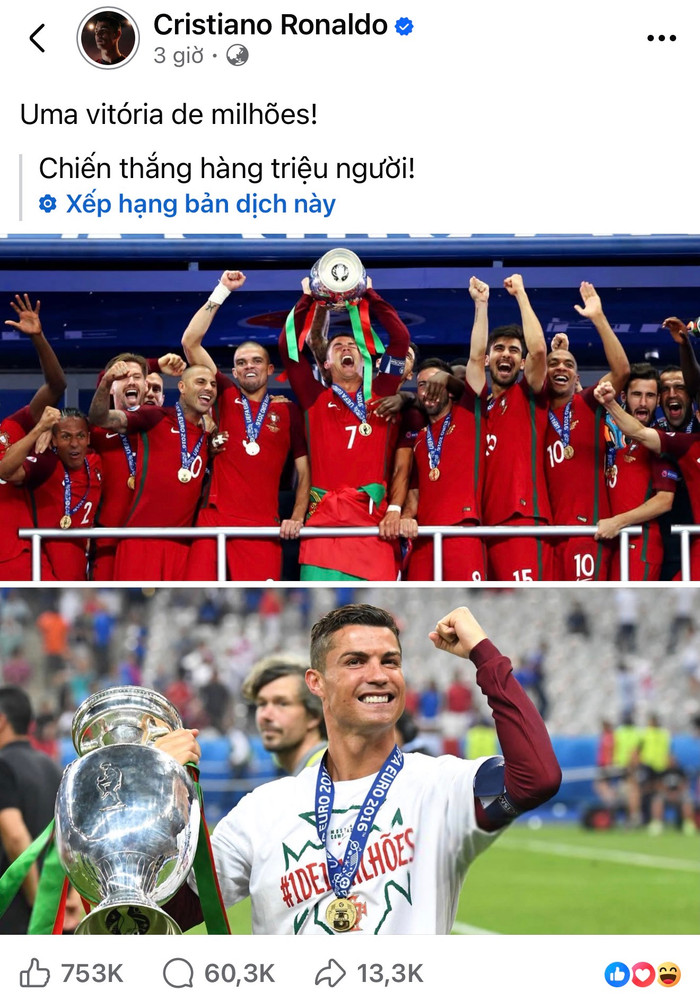 Cristiano Ronaldo đăng tải hình ảnh vô địch EURO 2016 đúng dịp kỷ niệm 10 năm, động thái thu hút sự quan tâm lớn từ người hâm mộ. Ảnh chụp màn hình