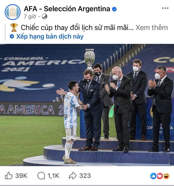 Bài đăng về danh hiệu lớn đầu tiên của Messi và Argentina. Ảnh: AFA