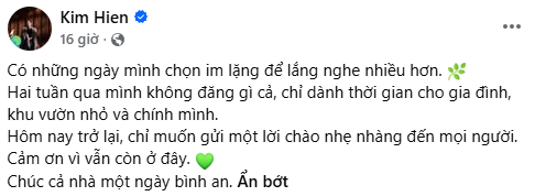Dòng trạng thái ngắn của Kim Hiền nhận được nhiều lời động viên từ khán giả. Ảnh: Chụp màn hình