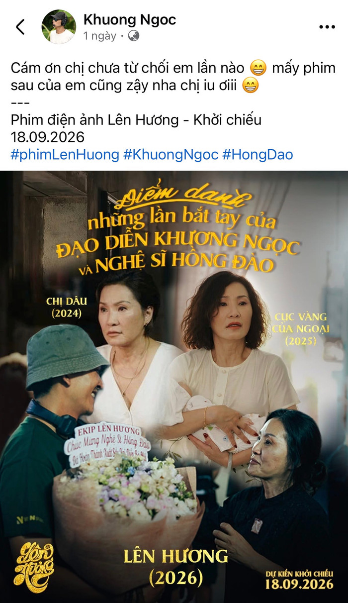 Khương Ngọc gửi lời cảm ơn Hồng Đào sau ba lần liên tiếp hợp tác trên màn ảnh rộng. Ảnh: Chụp màn hình.