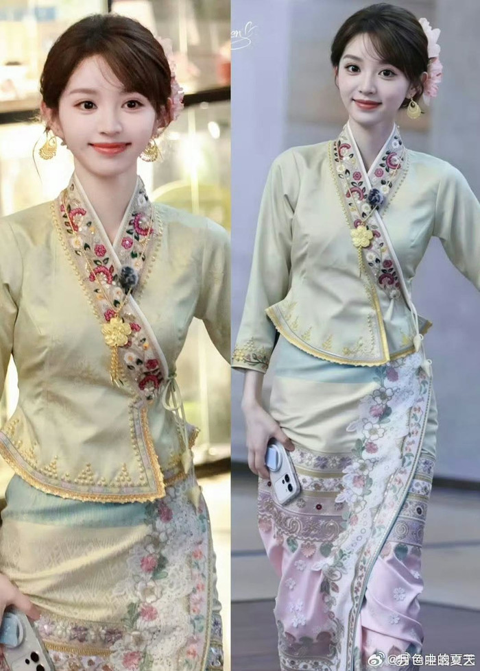 Tạo hình trang phục dân tộc Thái màu vàng ngọt ngào giúp Điền Hi Vi phô diễn trọn vẹn nhan sắc thanh tú cùng làn da trắng không tì vết. Ảnh: Sohu