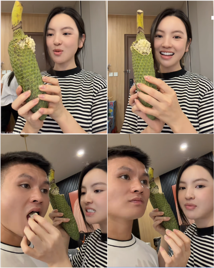 Chu Thanh Huyền cùng Quang Hải thưởng thức trái trầu bà. Ảnh: Chụp màn hình