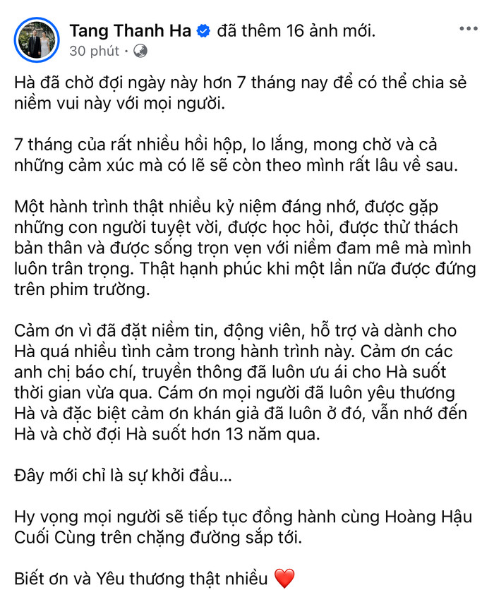 Bài viết Tăng Thanh Hà vừa đăng tải (Ảnh: Chụp màn hình).