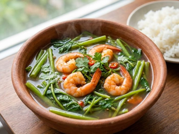 Canh rau muống nấu tôm. Ảnh: kingfoodmart.com