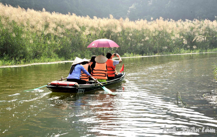 Vừa ngồi thuyền ngắm dòng nước, vừa chiêm ngưỡng cả cánh đồng lau trắng, cảnh sắc này còn gì tuyệt vời bằng. Ảnh: Xuân Lâm