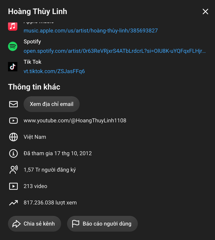 Kênh YouTube của Hoàng Thùy Linh hiện tại ghi nhận tổng lượt view hơn 800 triệu.