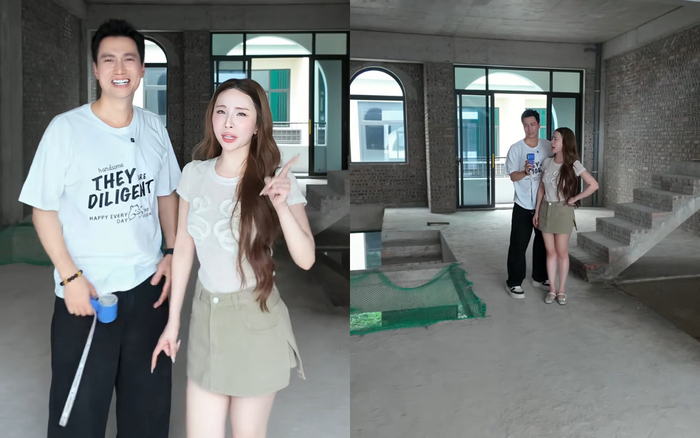 Việt Anh và Quỳnh Nga cười tươi rói khi khoe không gian bên trong tổ ấm. Ảnh chụp màn hình