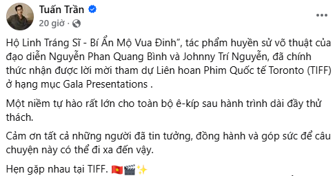 Tuấn Trần chia sẻ niềm vui khi Hộ Linh Tráng Sĩ - Bí Ẩn Mộ Vua Đinh được mời tham dự TIFF. Ảnh: Chụp màn hình.