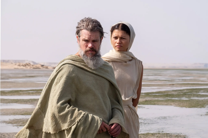 Tạo hình của Matt Damon (trái) và Zendaya trong The Odyssey.