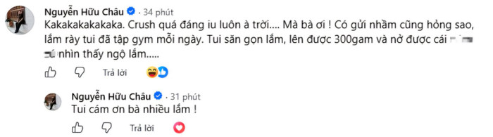Hữu Châu để lại bình luận hài hước dưới bài đăng của Hồng Đào, khiến khán giả thích thú. Ảnh: Chụp màn hình.