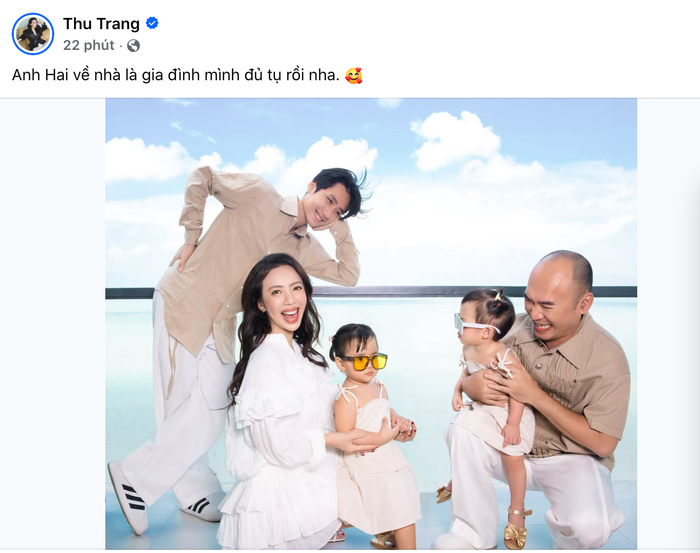 Thu Trang hạnh phúc chia sẻ khoảnh khắc đoàn tụ của gia đình. Ảnh: Chụp màn hình FBNV