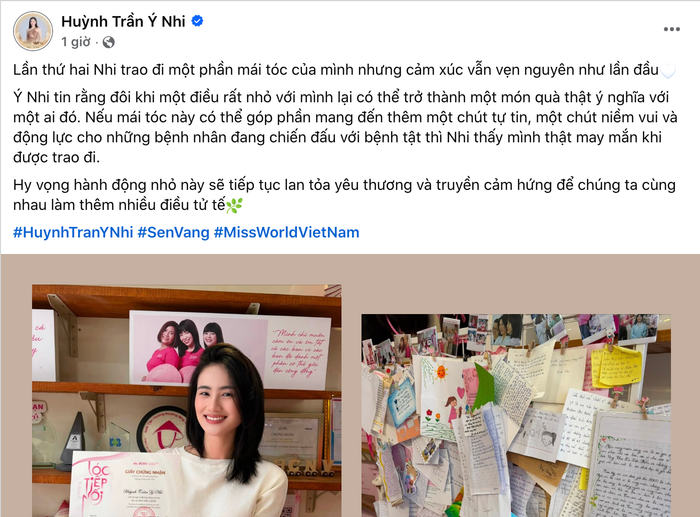 Hoa hậu Ý Nhi chia sẻ trên MXH. Ảnh: Chụp màn hình FBNV