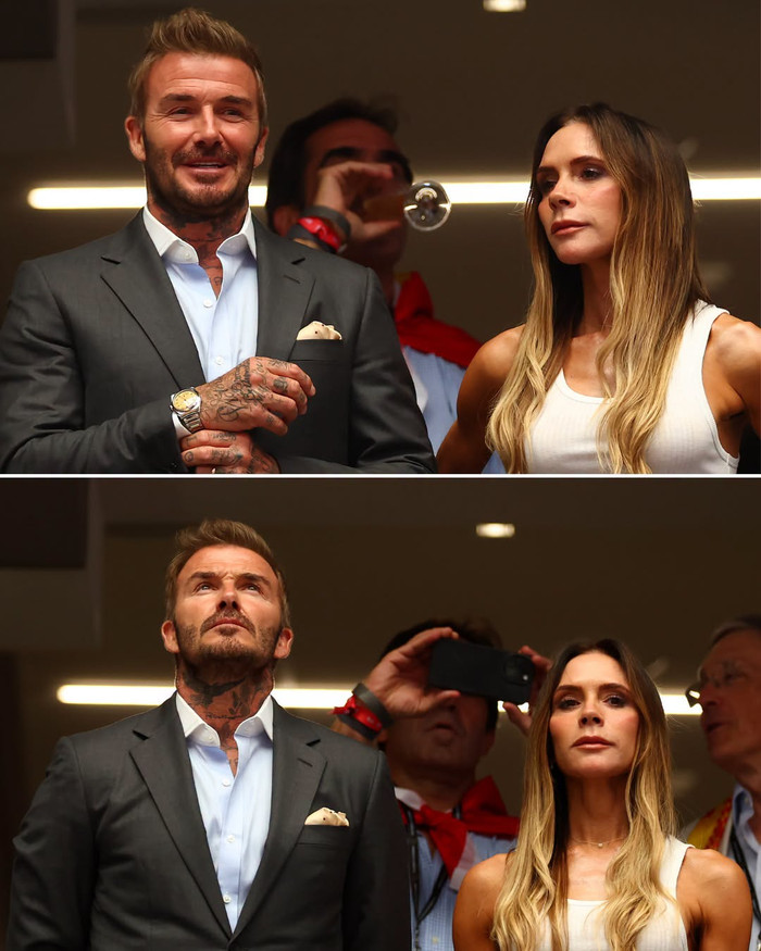 David Beckham và Victoria Beckham tại trận bán kết World Cup 2026 giữa Pháp và Tây Ban Nha. Ảnh: ESPN Asia