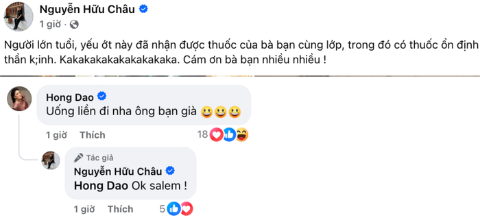 Bài đăng của NSƯT Hữu Châu được xem là lời cảm ơn gửi đến Hồng Đào. (Ảnh: Chụp màn hình)