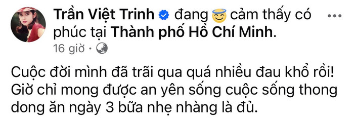 Việt Trinh cho biết điều cô mong mỏi nhất hiện tại là một cuộc sống giản dị và an yên. Ảnh: Chụp màn hình.