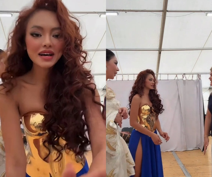 Mai Ngô livestream trong hậu trường trước khi diễn ra phần thi Top Model của Hoa hậu Siêu quốc gia.