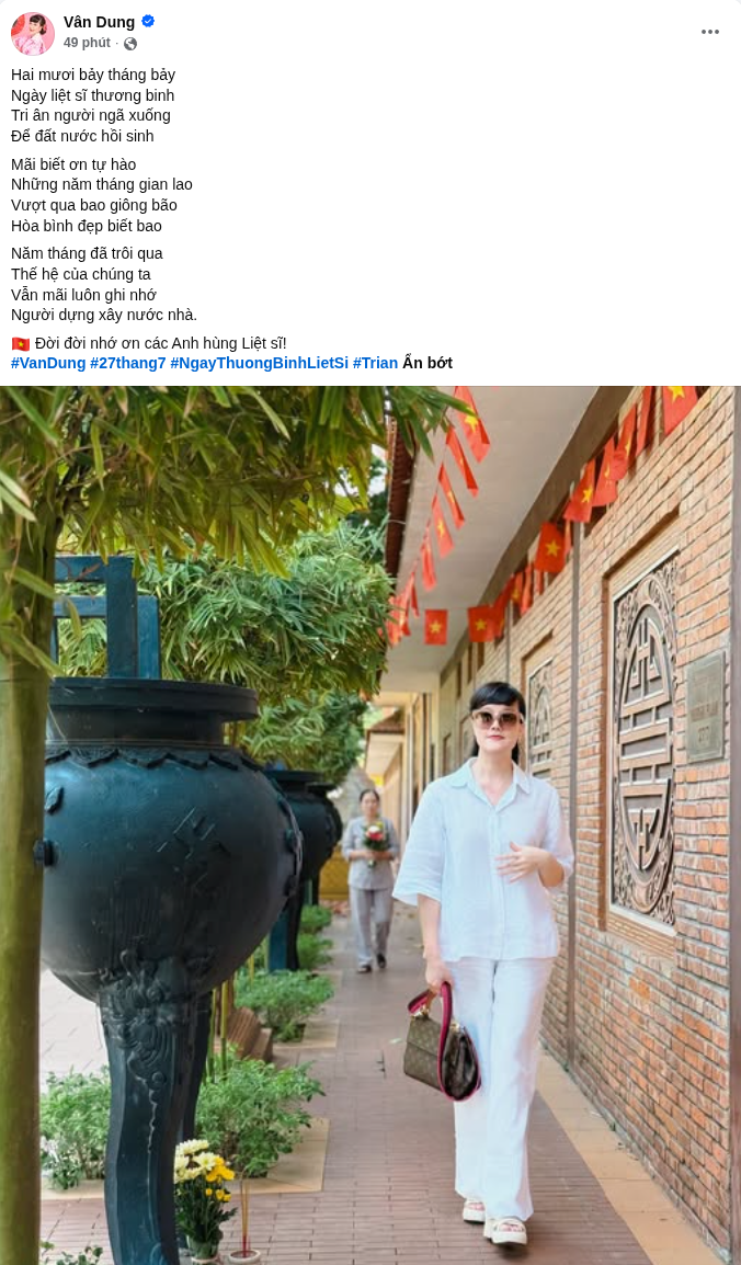 Bài đăng tri ân ngày Thương binh liệt sĩ của nghệ sĩ Vân dung trên trang cá nhân. Ảnh: FBNV