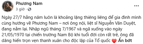 Dòng chia sẻ của Phương Nam về người ông đã hy sinh vì Tổ quốc nhận được nhiều sự đồng cảm từ khán giả. Ảnh: Chụp màn hình.