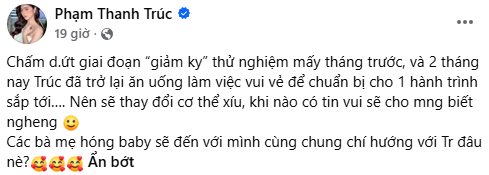 Chia sẻ mới của Thanh Trúc nhanh chóng làm dấy lên nghi vấn nữ diễn viên đang mong chờ đón thêm thành viên mới. Ảnh: Chụp màn hình.