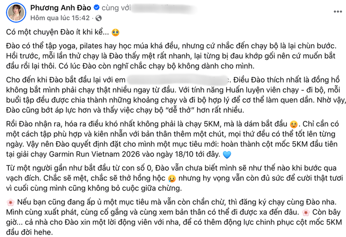 Phương Anh Đào chia sẻ trên trang cá nhân. Ảnh: Chụp màn hình FBNV