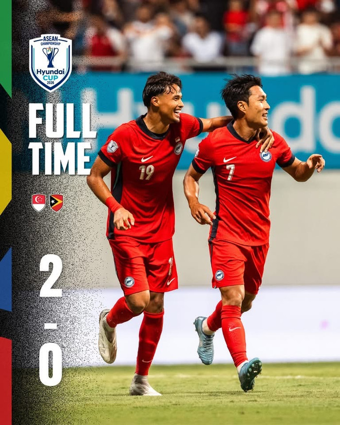 Đánh bại Timor Leste 2-0 để có 6 điểm tuyệt đối sau hai lượt trận, Singapore tạm thời vươn lên dẫn đầu bảng A AFF Cup 2026. Ảnh: FAS