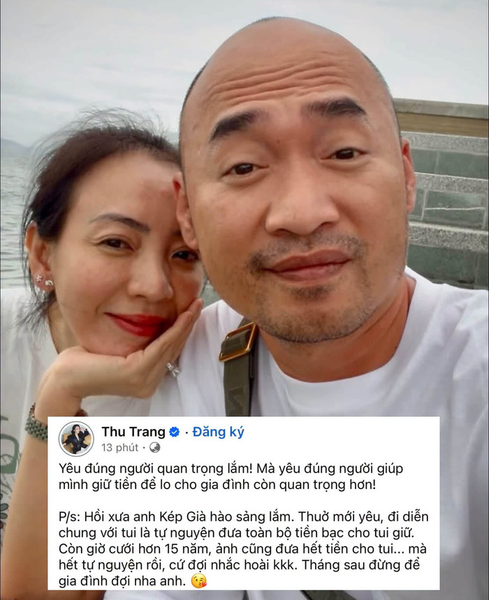 Dòng trạng thái dí dỏm cùng hình ảnh ngọt ngào bên Tiến Luật được Thu Trang chia sẻ trên trang cá nhân thu hút hàng ngàn lượt tương tác. Ảnh: FBNV