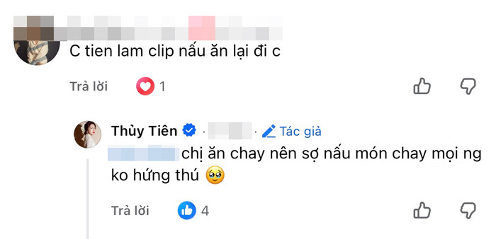 Bình luận trả lời về việc quay lại làm các video nấu ăn của Thủy Tiên.