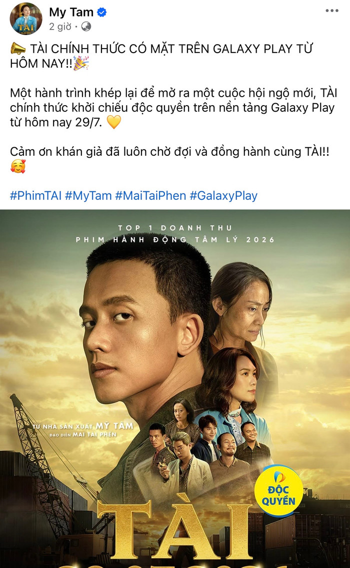 Mỹ Tâm chia sẻ thông báo phim Tài hợp tác cùng Mai Tài Phến chính thức có mặt trên Galaxy Play. Ảnh: FBNV