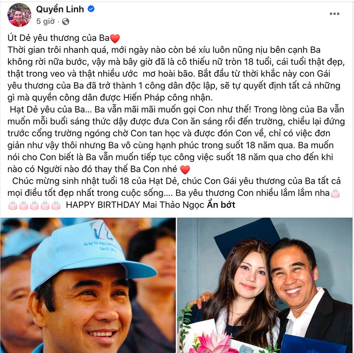 Tâm thư Quyền Linh nhắn gửi con gái. Ảnh: Chụp màn hình FBNV