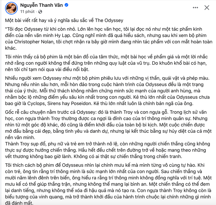 Vân Hugo chia sẻ về The Odyssey. Ảnh: Chụp màn hình FBNV