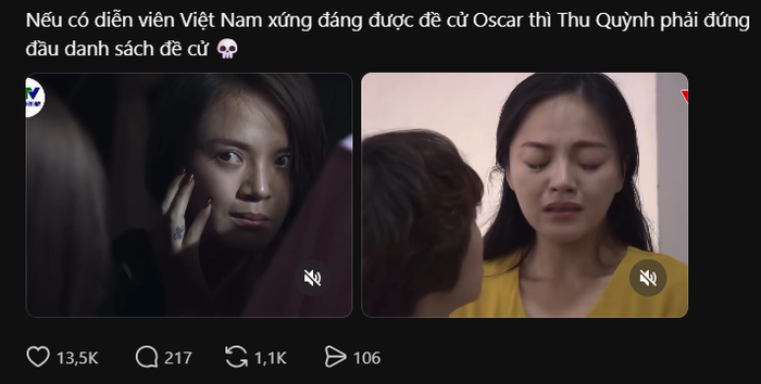 Thu Quỳnh trở thành tâm điểm bàn luận trên mạng xã hội khi nhiều khán giả dành lời khen cho năng lực diễn xuất sau hơn một thập kỷ làm nghề. Ảnh: Threads.