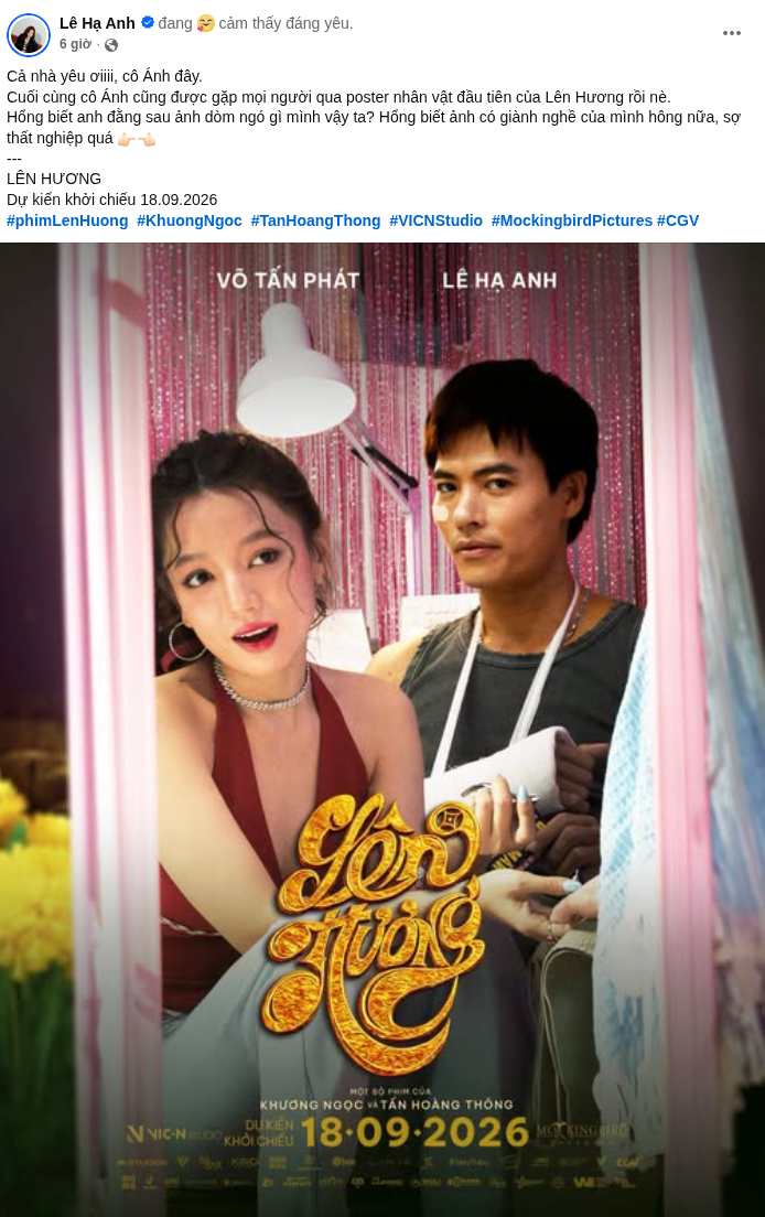 'Mỹ nhân Mưa đỏ' Lê Hạ Anh công bố vai diễn mới trong phim Lên Hương. Ảnh: FBNV