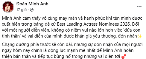 Đoàn Minh Anh bày tỏ niềm hạnh phúc khi lần đầu được đề cử Nữ diễn viên chính xuất sắc tại DANAFF 2026. Ảnh: Chụp màn hình