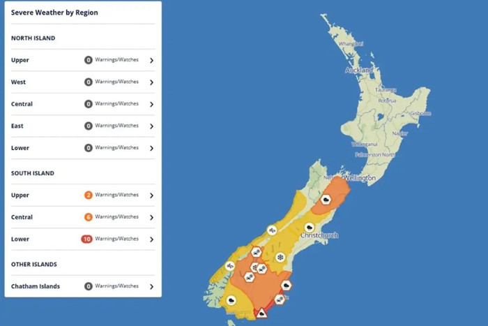 Cảnh báo thời tiết khắc nghiệt hiện đang được áp dụng cho New Zealand.&nbsp; Cơ quan Khí tượng New Zealand (New Zealand MetService).