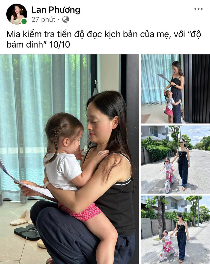 Lan Phương hé lộ khoảnh khắc vừa đọc kịch bản, vừa được con gái út Mia quấn quýt không rời. Ảnh: Chụp màn hình