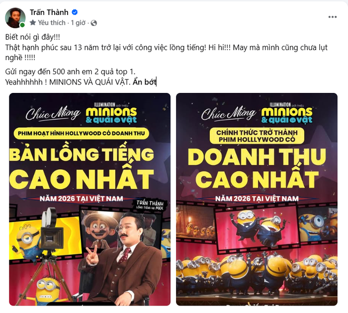 Trấn Thành chia sẻ niềm vui trên mạng xã hội khi Minions & Quái Vật tiếp tục lập thêm cột mốc doanh thu tại phòng vé Việt. Ảnh: FBNV.