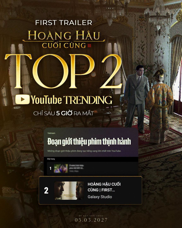 First trailer Hoàng Hậu Cuối Cùng đã vươn lên vị trí Top 2 Trending Movies Trailer. Ảnh: NSX