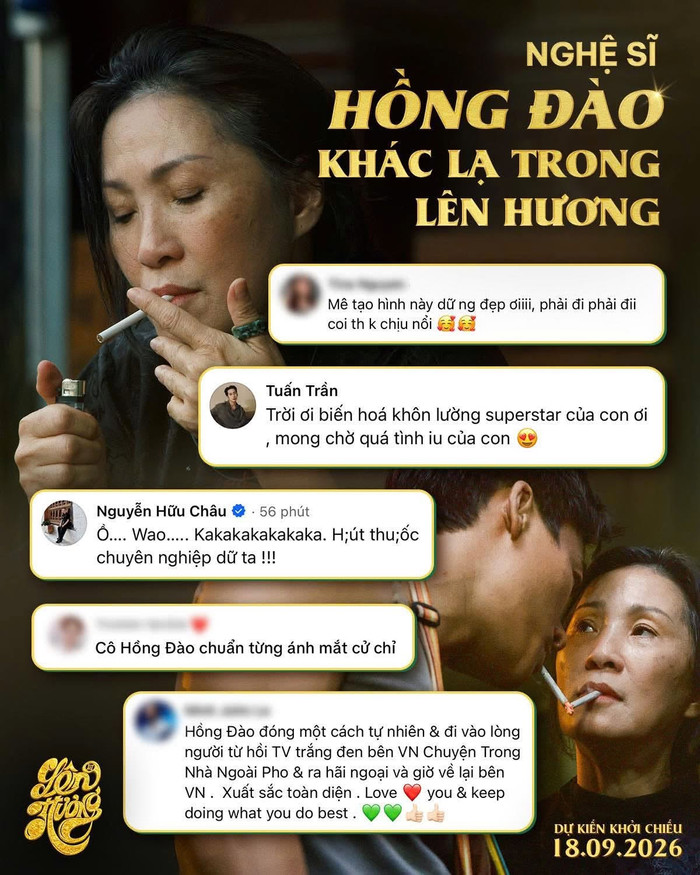 Tạo hình mới của Hồng Đào trong Lên Hương gây chú ý, đồng thời nhận được lời khen đầy thân thiết từ diễn viên Tuấn Trần. Ảnh: ĐPCC.