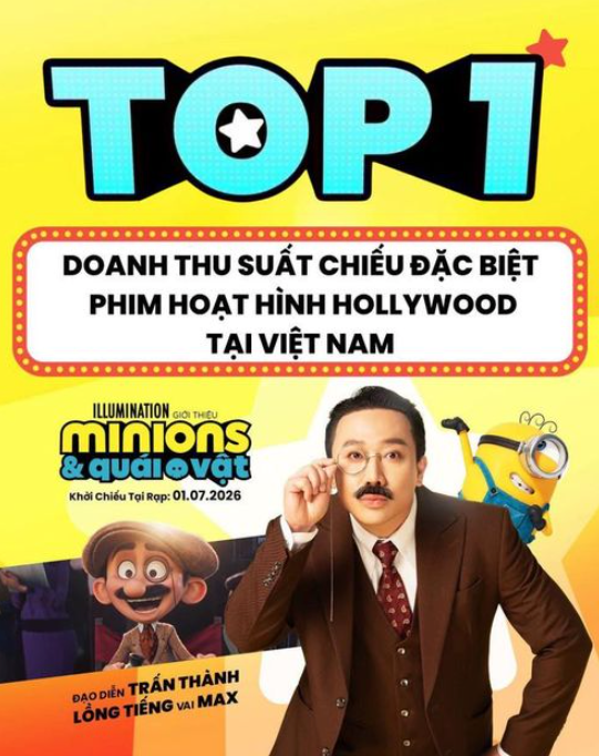Minions & quái vật có Trấn Thành lồng tiếng đang đứng đầu top doanh thu phòng vé tại Việt Nam. Trên quốc tế, bộ phim cũng mang nhiều thành tích ấn tượng chỉ sau vài ngày công chiếu. Ảnh: FBNV