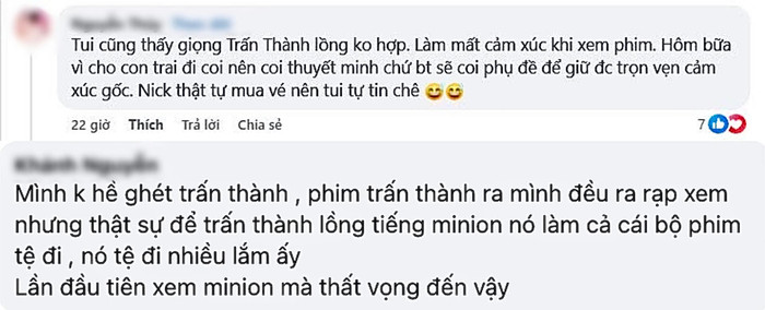 Phản ứng khán giả khi thưởng thức phiên bản lồng tiếng có sự góp giọng của Trấn Thành trong Minions & Quái Vật. (Ảnh: Chụp màn hình)