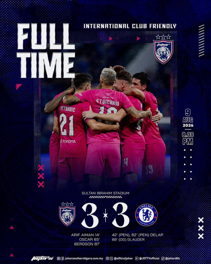 Trận giao hữu tiền mùa giải giữa Chelsea và Johor Darul Ta’zim của Malaysia đã khép lại theo cách không ai ngờ tới khi hai đội hòa 3-3. Ảnh: Johor Darul Ta’zim