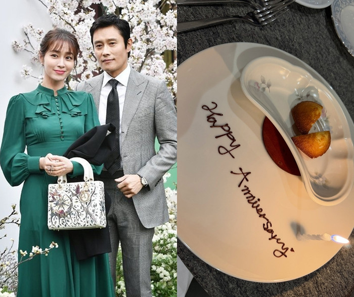 Lee Min Jung chia sẻ khoảnh khắc kỷ niệm 13 năm ngày cưới. (Ảnh trái: Newsen)
