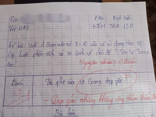 Dùng 2 từ 'đẹp gái' để khen cô, nào ngờ, nam sinh bị cô trừ 1 điểm không tiếc tay.