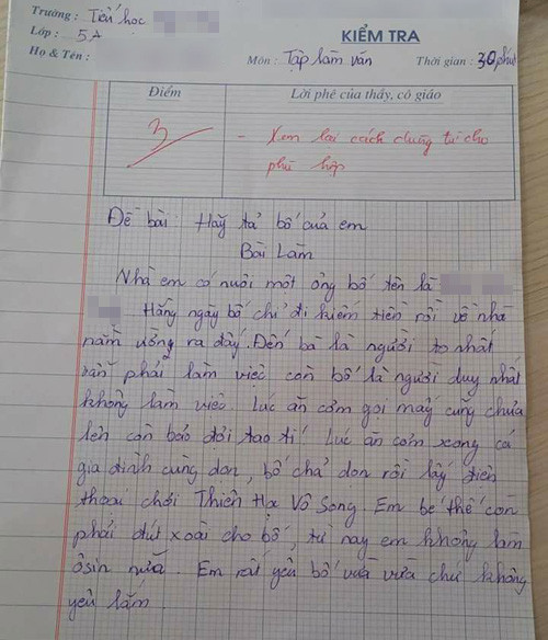 Bài văn tả bố, dù rất chân thực nhưng chỉ đạt 3 điểm.