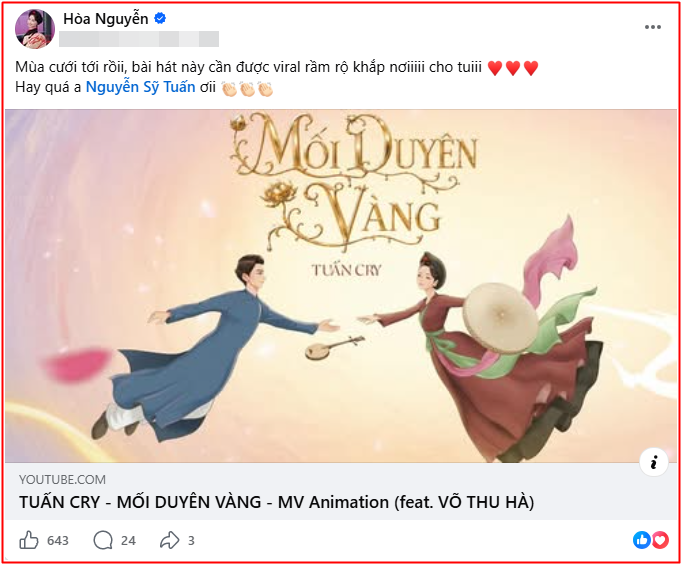 Hòa Minzy dành sự ủng hộ cho sản phẩm âm nhạc mới của Tuấn Cry (Ảnh chụp màn hình FBNV)&nbsp;