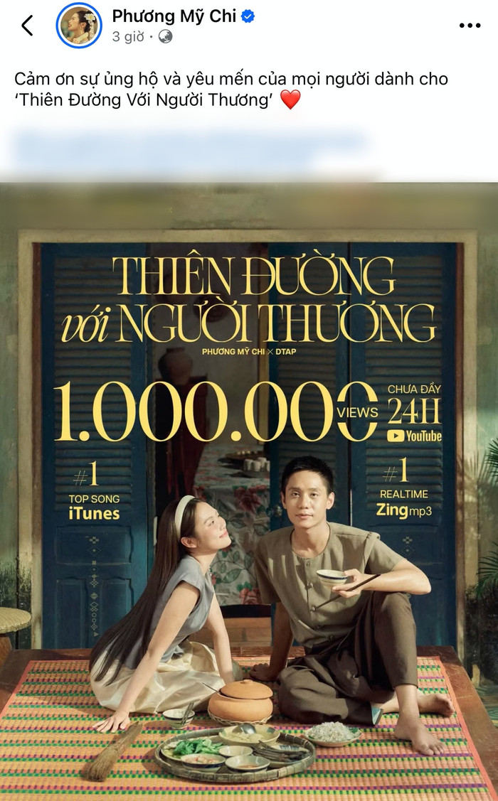 Phương Mỹ Chi đăng tải bài viết ăn mừng thành tích của MV Thiên Đường Với Người Thương. Ảnh: Chụp màn hình FBNV