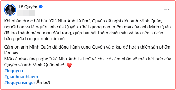 Chia sẻ của Lệ Quyên về Minh Quân: (Ảnh chụp màn hình FBNV)&nbsp;