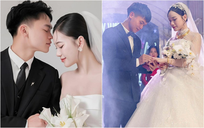 Cầu thủ Hồ Văn Cường và bà xã - cô giáo Nguyễn Linh.