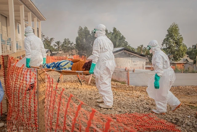 Các nhân viên y tế khiêng bệnh nhân Ebola từ xe cứu thương vào Trung tâm Điều trị Ebola ở thành phố Bunia thuộc tỉnh Ituri của CHDC Congo vào ngày 23.6 (Ảnh: AFP).