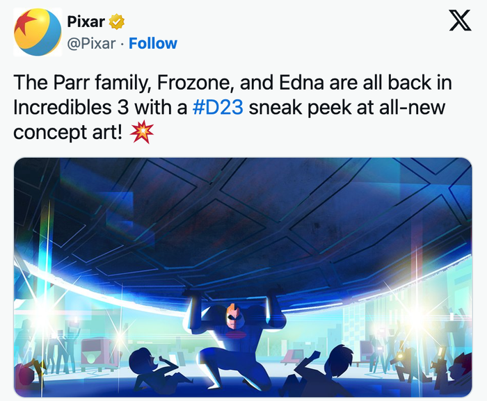 Incredibles 3 được Pixar công bố lần đầu tại sự kiện D23 vào tháng 8/2024, trước khi xác nhận ngày phát hành vào tháng 3/2026. Ảnh: Pixar